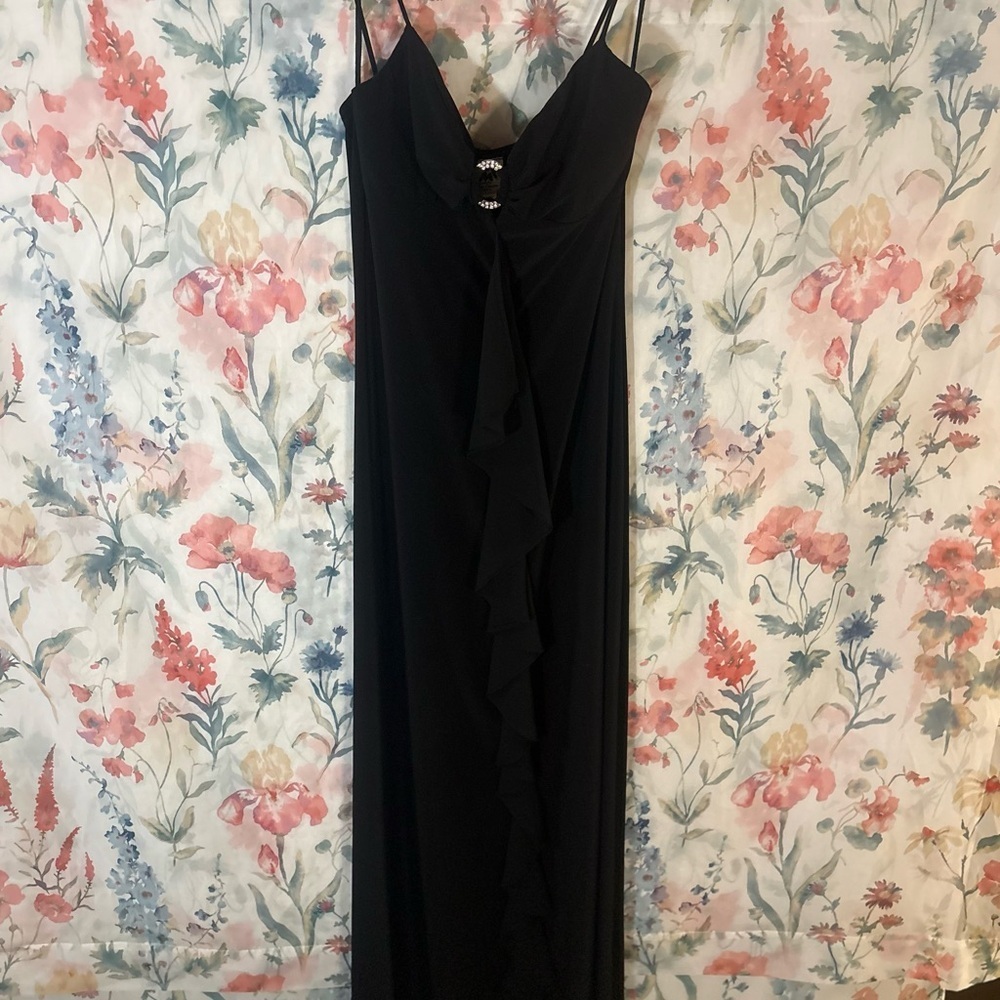 Vintage Elegant Black Ruffle-Front Evening Dress